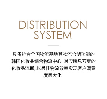 DISTRIBUTION SYSTEM 具备统合全国物流基地其物流仓储功能的韩国化妆品综合物流中心。对应瞬息万变的化妆品流通，以最佳物流效率实现客户满意度最大化。